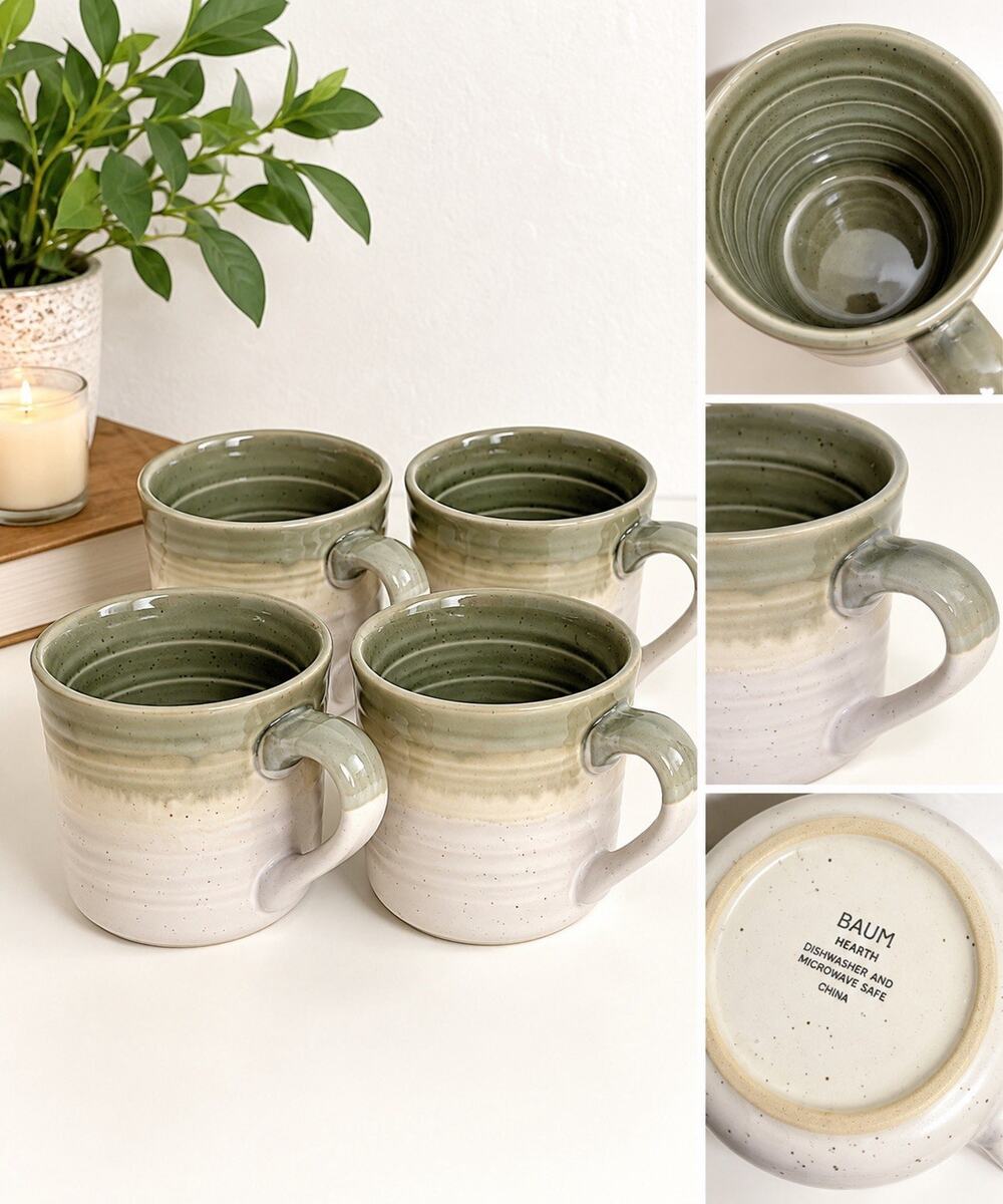 Baum Set of 4 Stoneware Mugs Hearth Green Beige Speckled Rustic Pottery